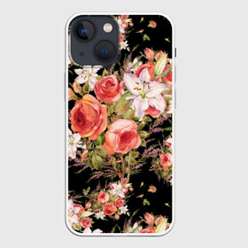 Чехол для iPhone 13 mini с принтом Лилии и розы в Курске,  |  | art | bouquet | field | flowers | leaves | lilies | painting | pattern | petals | roses | stems | watercolor | акварель | букет | живопись | искусство | лепестки | лилии | листья | полевые | розы | узор | цветы