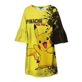 Детское платье 3D с принтом Pikachu Pika Pika в Курске, 100% полиэстер | прямой силуэт, чуть расширенный к низу. Круглая горловина, на рукавах — воланы | pika | pikachu | аниме | детская | детям | игры | молния | мышка | мышь | пика | пикачу | покемон | покемоны