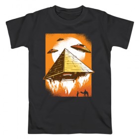 Мужская футболка хлопок с принтом Пришельцы и Пирамида в Курске, 100% хлопок | прямой крой, круглый вырез горловины, длина до линии бедер, слегка спущенное плечо. | 