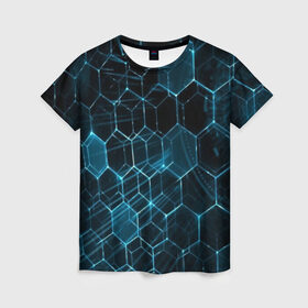 Женская футболка 3D с принтом Броня в Курске, 100% полиэфир ( синтетическое хлопкоподобное полотно) | прямой крой, круглый вырез горловины, длина до линии бедер | abstraction | geometry | hexagon | techno | абстракция | броня | геометрия | краски | неон | неоновый | сетка | соты | стальная броня | текстура | шестигранники