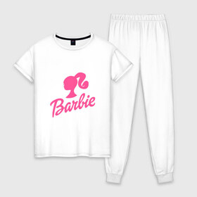 Женская пижама хлопок с принтом Barbie в Курске, 100% хлопок | брюки и футболка прямого кроя, без карманов, на брюках мягкая резинка на поясе и по низу штанин | barbara | barbie | beauty | doll | girl | idol | perfect | pink | pop | toy | usa | woman | барбара | барби | девушка | игрушка | кукла | поп идол | розовый | силуэт | сша