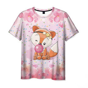 Мужская футболка 3D с принтом Милая лисичка с жвачкой в Курске, 100% полиэфир | прямой крой, круглый вырез горловины, длина до линии бедер | fox | foxed | арт | лис | лиса | лисенок | лисичка | пушистик | рыжая | рыжмй хвост