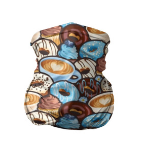 Бандана-труба 3D с принтом Пончики и кофе в Курске, 100% полиэстер, ткань с особыми свойствами — Activecool | плотность 150‒180 г/м2; хорошо тянется, но сохраняет форму | art | berries | blue | blueberries | brown | cake | candy | chocolate | coffee | cup | donuts | gifts | heart | painting | sweets | живопись | искусство | конфеты | коричневые | кофе | пирожное | подарки | пончики | сердце | синие | сладости | чашка | чер