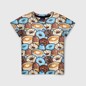 Детская футболка 3D с принтом Пончики и кофе в Курске, 100% гипоаллергенный полиэфир | прямой крой, круглый вырез горловины, длина до линии бедер, чуть спущенное плечо, ткань немного тянется | Тематика изображения на принте: art | berries | blue | blueberries | brown | cake | candy | chocolate | coffee | cup | donuts | gifts | heart | painting | sweets | живопись | искусство | конфеты | коричневые | кофе | пирожное | подарки | пончики | сердце | синие | сладости | чашка | чер