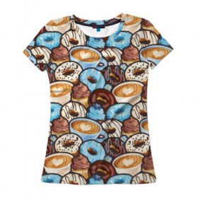 Женская футболка 3D с принтом Пончики и кофе в Курске, 100% полиэфир ( синтетическое хлопкоподобное полотно) | прямой крой, круглый вырез горловины, длина до линии бедер | art | berries | blue | blueberries | brown | cake | candy | chocolate | coffee | cup | donuts | gifts | heart | painting | sweets | живопись | искусство | конфеты | коричневые | кофе | пирожное | подарки | пончики | сердце | синие | сладости | чашка | чер