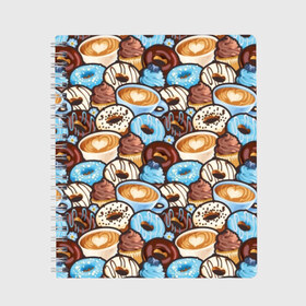 Тетрадь с принтом Пончики и кофе в Курске, 100% бумага | 48 листов, плотность листов — 60 г/м2, плотность картонной обложки — 250 г/м2. Листы скреплены сбоку удобной пружинной спиралью. Уголки страниц и обложки скругленные. Цвет линий — светло-серый
 | art | berries | blue | blueberries | brown | cake | candy | chocolate | coffee | cup | donuts | gifts | heart | painting | sweets | живопись | искусство | конфеты | коричневые | кофе | пирожное | подарки | пончики | сердце | синие | сладости | чашка | чер