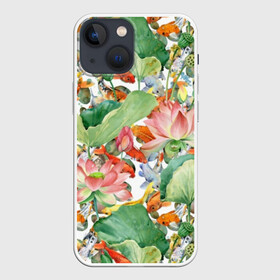 Чехол для iPhone 13 mini с принтом Карпы кои в Курске,  |  | art | carps | fish | flower | gold | japanese | koi | leaves | lotus | painting | pattern | petals | pond | stems | water | вода | живопись | золотая | искусство | карпы | кои | лепестки | листья | лотос | пруд | рыбка | узор | цветок | японская