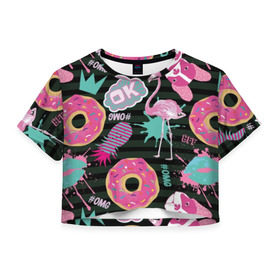 Женская футболка Cropp-top с принтом Пончики, мопсы и фламинго. в Курске, 100% полиэстер | круглая горловина, длина футболки до линии талии, рукава с отворотами | bird | blots | breed | crown | dog | donuts | flamingo | ici | kiss | lips | pastries | pineapple | pink | pug | splashes | stripes | sweet | ананас | брызги | выпечка | глазурь | губы | женские | кляксы | корона | мопс | отпечаток | полосы | пончики | по