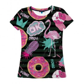Женская футболка 3D с принтом Пончики, мопсы и фламинго. в Курске, 100% полиэфир ( синтетическое хлопкоподобное полотно) | прямой крой, круглый вырез горловины, длина до линии бедер | Тематика изображения на принте: bird | blots | breed | crown | dog | donuts | flamingo | ici | kiss | lips | pastries | pineapple | pink | pug | splashes | stripes | sweet | ананас | брызги | выпечка | глазурь | губы | женские | кляксы | корона | мопс | отпечаток | полосы | пончики | по