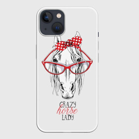 Чехол для iPhone 13 с принтом Crazy horse lady в Курске,  |  | Тематика изображения на принте: animal | blonde | bow | crazy | cute | head | horse | lady | look | polka | portrait | red | white | бант | белая | белый | блондинка | взгляд | голова | горошек | животное | красный | леди | лошадь | милый | очки | портрет | сумасшедшая