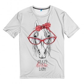 Мужская футболка 3D с принтом Crazy horse lady в Курске, 100% полиэфир | прямой крой, круглый вырез горловины, длина до линии бедер | Тематика изображения на принте: animal | blonde | bow | crazy | cute | head | horse | lady | look | polka | portrait | red | white | бант | белая | белый | блондинка | взгляд | голова | горошек | животное | красный | леди | лошадь | милый | очки | портрет | сумасшедшая