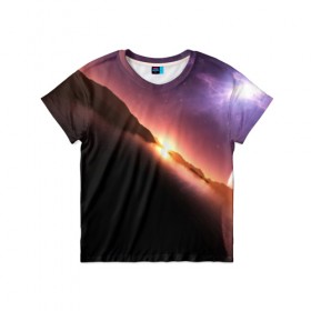 Детская футболка 3D с принтом Космический закат в Курске, 100% гипоаллергенный полиэфир | прямой крой, круглый вырез горловины, длина до линии бедер, чуть спущенное плечо, ткань немного тянется | galaxy | nebula | space | star | абстракция | вселенная | галактика | звезда | звезды | космический | планеты