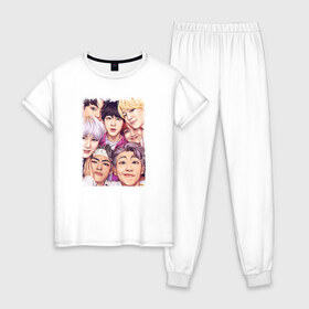 Женская пижама хлопок с принтом BTS в Курске, 100% хлопок | брюки и футболка прямого кроя, без карманов, на брюках мягкая резинка на поясе и по низу штанин | bangtan boys | bt21 | bts | bts army | bts stickers | j hope | jimin | jin | jungkook | k pop | rap monster | rapmon | suga | v | бтс | корея | стикеры bts