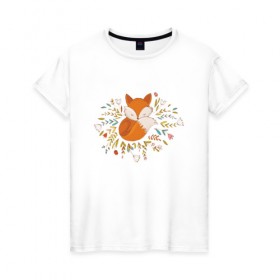 Женская футболка хлопок с принтом Лиса в цветах в Курске, 100% хлопок | прямой крой, круглый вырез горловины, длина до линии бедер, слегка спущенное плечо | fox | foxed | арт | лис | лиса | лисенок | лисичка | пушистик | рыжая | рыжмй хвост