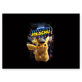 Поздравительная открытка с принтом Pikachu Detective в Курске, 100% бумага | плотность бумаги 280 г/м2, матовая, на обратной стороне линовка и место для марки
 | Тематика изображения на принте: anime | game | nintendo | pikachu | pokemon | аниме | детектив | игра | кино | пикачу | покемон | эш кетчум