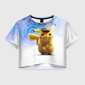 Женская футболка Cropp-top с принтом Pikachu Detective в Курске, 100% полиэстер | круглая горловина, длина футболки до линии талии, рукава с отворотами | anime | game | nintendo | pikachu | pokemon | аниме | детектив | игра | кино | пикачу | покемон | эш кетчум