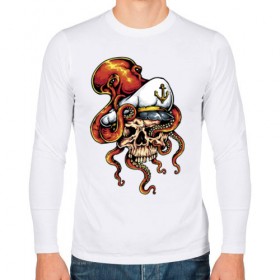 Мужской лонгслив хлопок с принтом Осьминог в Курске, 100% хлопок |  | anchor | octopus | peaked cap | skull | осьминог | фуражка | череп | якорь