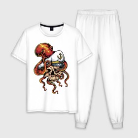 Мужская пижама хлопок с принтом Осьминог в Курске, 100% хлопок | брюки и футболка прямого кроя, без карманов, на брюках мягкая резинка на поясе и по низу штанин
 | Тематика изображения на принте: anchor | octopus | peaked cap | skull | осьминог | фуражка | череп | якорь