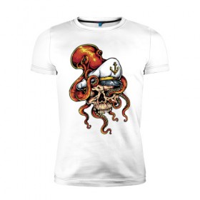 Мужская футболка премиум с принтом Осьминог в Курске, 92% хлопок, 8% лайкра | приталенный силуэт, круглый вырез ворота, длина до линии бедра, короткий рукав | Тематика изображения на принте: anchor | octopus | peaked cap | skull | осьминог | фуражка | череп | якорь