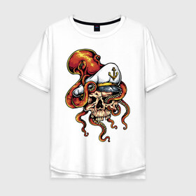 Мужская футболка хлопок Oversize с принтом Осьминог в Курске, 100% хлопок | свободный крой, круглый ворот, “спинка” длиннее передней части | Тематика изображения на принте: anchor | octopus | peaked cap | skull | осьминог | фуражка | череп | якорь