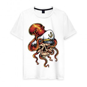Мужская футболка хлопок с принтом Осьминог в Курске, 100% хлопок | прямой крой, круглый вырез горловины, длина до линии бедер, слегка спущенное плечо. | Тематика изображения на принте: anchor | octopus | peaked cap | skull | осьминог | фуражка | череп | якорь