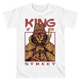 Мужская футболка хлопок с принтом King of the street в Курске, 100% хлопок | прямой крой, круглый вырез горловины, длина до линии бедер, слегка спущенное плечо. | king | животные | звери | король | король улиц | кот | кошка | кошки | лев | природа | улица
