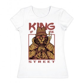 Женская футболка хлопок с принтом King of the street в Курске, 100% хлопок | прямой крой, круглый вырез горловины, длина до линии бедер, слегка спущенное плечо | king | животные | звери | король | король улиц | кот | кошка | кошки | лев | природа | улица