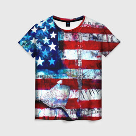 Женская футболка 3D с принтом АМЕРИКА в Курске, 100% полиэфир ( синтетическое хлопкоподобное полотно) | прямой крой, круглый вырез горловины, длина до линии бедер | usa | абстракция | америка | американский | герб | звезды | краска | символика сша | страны | сша | флаг | штаты