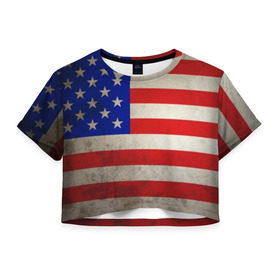Женская футболка Cropp-top с принтом Американский флаг в Курске, 100% полиэстер | круглая горловина, длина футболки до линии талии, рукава с отворотами | usa | абстракция | америка | американский | герб | звезды | краска | символика сша | страны | сша | флаг | штаты