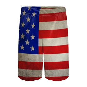 Детские спортивные шорты 3D с принтом Американский флаг в Курске,  100% полиэстер
 | пояс оформлен широкой мягкой резинкой, ткань тянется
 | usa | абстракция | америка | американский | герб | звезды | краска | символика сша | страны | сша | флаг | штаты
