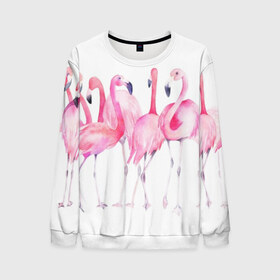 Мужской свитшот 3D с принтом Фламинго в Курске, 100% полиэстер с мягким внутренним слоем | круглый вырез горловины, мягкая резинка на манжетах и поясе, свободная посадка по фигуре | Тематика изображения на принте: art | birds | flamingo | flock | illustration | pink | summer | watercolor | акварель | иллюстрация | искусство | лето | птицы | розовый | стая | фламинго