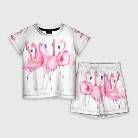Детский костюм с шортами 3D с принтом Фламинго в Курске,  |  | art | birds | flamingo | flock | illustration | pink | summer | watercolor | акварель | иллюстрация | искусство | лето | птицы | розовый | стая | фламинго