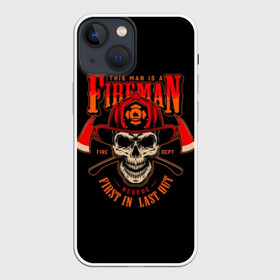 Чехол для iPhone 13 mini с принтом Пожарный в Курске,  |  | axes | crossed | emblem | fire | fireman | helmet | red | retro | skull | vintage | каска | красные | огонь | пожарный | рэтро | скрещенные | старинная | топоры | череп | эмблема