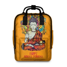 Женский рюкзак 3D с принтом Happy Buddha Purnima в Курске, 100% полиэстер | лямки с регулируемой длиной, сверху ручки, чтобы рюкзак нести как сумку. Основное отделение закрывается на молнию, как и внешний карман. Внутри два дополнительных кармана, один из которых закрывается на молнию. По бокам два дополнительных кармашка, куда поместится маленькая бутылочка
 | Тематика изображения на принте: buddha | golden | happy | indian | kesa | lotus | monk | orange | ornament | pattern | pose | religion | shakyamuni | spiritual | te | будда | буддизм | духовный | золотой | индийский | кашая | кэса | лотос | оранжевый | орнамент | основатель | по