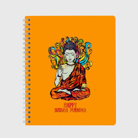 Тетрадь с принтом Happy Buddha Purnima в Курске, 100% бумага | 48 листов, плотность листов — 60 г/м2, плотность картонной обложки — 250 г/м2. Листы скреплены сбоку удобной пружинной спиралью. Уголки страниц и обложки скругленные. Цвет линий — светло-серый
 | buddha | golden | happy | indian | kesa | lotus | monk | orange | ornament | pattern | pose | religion | shakyamuni | spiritual | te | будда | буддизм | духовный | золотой | индийский | кашая | кэса | лотос | оранжевый | орнамент | основатель | по