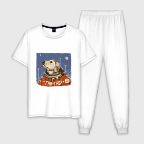 Мужская пижама хлопок с принтом Гав - Гав в Курске, 100% хлопок | брюки и футболка прямого кроя, без карманов, на брюках мягкая резинка на поясе и по низу штанин
 | alien | dog | earth | express | futurama | moon | planet | space | world | астронавт | боксер | волк | долматинец | звезда | земля | инопланетянин | йорк | космонавт | космос | луна | марс | мир | наса | нло | ночь | овчарка | песик