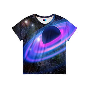 Детская футболка 3D с принтом САТУРН в Курске, 100% гипоаллергенный полиэфир | прямой крой, круглый вырез горловины, длина до линии бедер, чуть спущенное плечо, ткань немного тянется | galaxy | nebula | space | star | абстракция | вселенная | галактика | звезда | звезды | космический | планеты