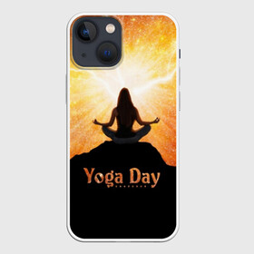 Чехол для iPhone 13 mini с принтом International Yoga Day в Курске,  |  | Тематика изображения на принте: 21 июня | day | energy | girl | international | ju | lightning | lotus | meditation | mountain | pose | silhouette | sky | space | stars | universe | woman | yoga | yogi | вселенная | гора | девушка | день | женщина | звёзды | йог | йоги | космос | лотос 