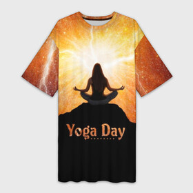 Платье-футболка 3D с принтом International Yoga Day в Курске,  |  | 21 июня | day | energy | girl | international | ju | lightning | lotus | meditation | mountain | pose | silhouette | sky | space | stars | universe | woman | yoga | yogi | вселенная | гора | девушка | день | женщина | звёзды | йог | йоги | космос | лотос 