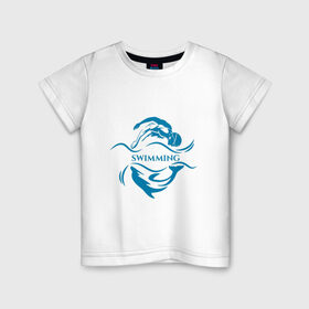 Детская футболка хлопок с принтом Плавание в Курске, 100% хлопок | круглый вырез горловины, полуприлегающий силуэт, длина до линии бедер | Тематика изображения на принте: бассейн | вода | волна | дельфин | плавание | пловец