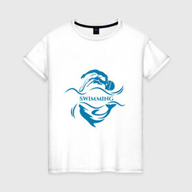 Женская футболка хлопок с принтом Плавание в Курске, 100% хлопок | прямой крой, круглый вырез горловины, длина до линии бедер, слегка спущенное плечо | бассейн | вода | волна | дельфин | плавание | пловец