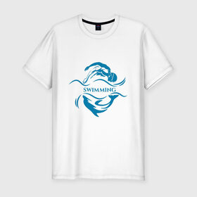 Мужская футболка премиум с принтом Плавание в Курске, 92% хлопок, 8% лайкра | приталенный силуэт, круглый вырез ворота, длина до линии бедра, короткий рукав | бассейн | вода | волна | дельфин | плавание | пловец