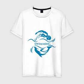 Мужская футболка хлопок с принтом Плавание в Курске, 100% хлопок | прямой крой, круглый вырез горловины, длина до линии бедер, слегка спущенное плечо. | бассейн | вода | волна | дельфин | плавание | пловец