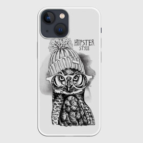 Чехол для iPhone 13 mini с принтом Хипстер сова в Курске,  |  | art | bird | drawing | font | graphics | hat | hipster | inscription | owl | predator | view | wild | взгляд | графика | дикий | искусство | надпись | очки | птица | рисунок | сова | хипстер | хищник | шапка | шрифт