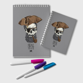 Блокнот с принтом Real pirate в Курске, 100% бумага | 48 листов, плотность листов — 60 г/м2, плотность картонной обложки — 250 г/м2. Листы скреплены удобной пружинной спиралью. Цвет линий — светло-серый
 | beard | bones | crossed | drawing | font | funny | graphics | hat | inscription | mustache | one eyed | pipe | pirate | real | roger | skull | smoking | борода | весёлый | графика | кости | кури | надпись | одноглазый | перекрещенные | пират | реальный | 