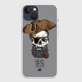 Чехол для iPhone 13 с принтом Real pirate в Курске,  |  | beard | bones | crossed | drawing | font | funny | graphics | hat | inscription | mustache | one eyed | pipe | pirate | real | roger | skull | smoking | борода | весёлый | графика | кости | кури | надпись | одноглазый | перекрещенные | пират | реальный | 