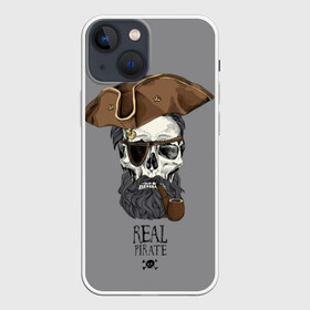 Чехол для iPhone 13 mini с принтом Real pirate в Курске,  |  | beard | bones | crossed | drawing | font | funny | graphics | hat | inscription | mustache | one eyed | pipe | pirate | real | roger | skull | smoking | борода | весёлый | графика | кости | кури | надпись | одноглазый | перекрещенные | пират | реальный | 