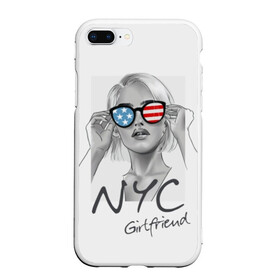 Чехол для iPhone 7Plus/8 Plus матовый с принтом NYC girlfriend в Курске, Силикон | Область печати: задняя сторона чехла, без боковых панелей | Тематика изображения на принте: beautiful | blonde | city | flag | girl | girlfriend | new york | reflection | stars | stripes | usa | блондинка | город | девушка | звезды | красивая | нью йорк | отражение | очки | подруга | полосы | сша | флаг