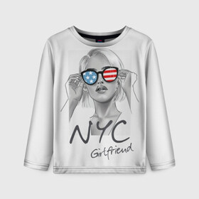 Детский лонгслив 3D с принтом NYC girlfriend в Курске, 100% полиэстер | длинные рукава, круглый вырез горловины, полуприлегающий силуэт
 | beautiful | blonde | city | flag | girl | girlfriend | new york | reflection | stars | stripes | usa | блондинка | город | девушка | звезды | красивая | нью йорк | отражение | очки | подруга | полосы | сша | флаг