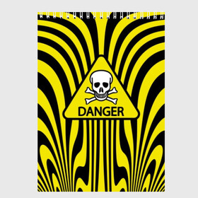 Скетчбук с принтом Danger в Курске, 100% бумага
 | 48 листов, плотность листов — 100 г/м2, плотность картонной обложки — 250 г/м2. Листы скреплены сверху удобной пружинной спиралью | danger | skull | triangle | wave | yellow | волна | желтый | опасность | треугольник | череп